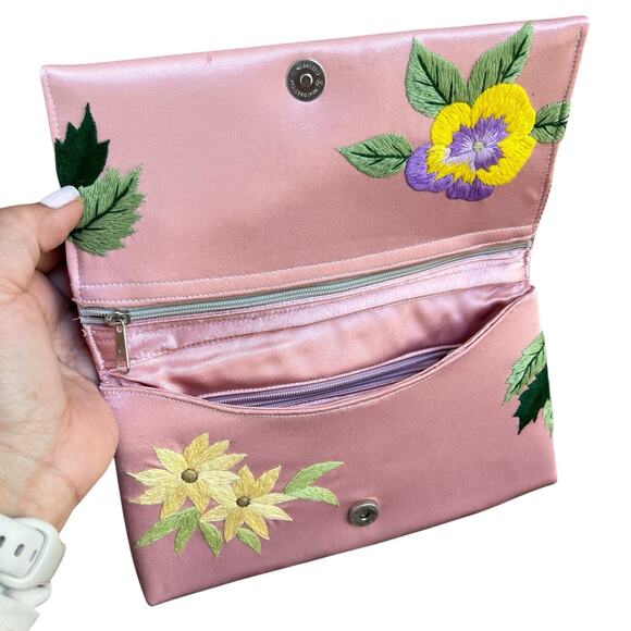 Women's Dolce Vita Pink Satin Embroidered Floral Flap Clutch Wedding Cocktail - Picture 5 of 12